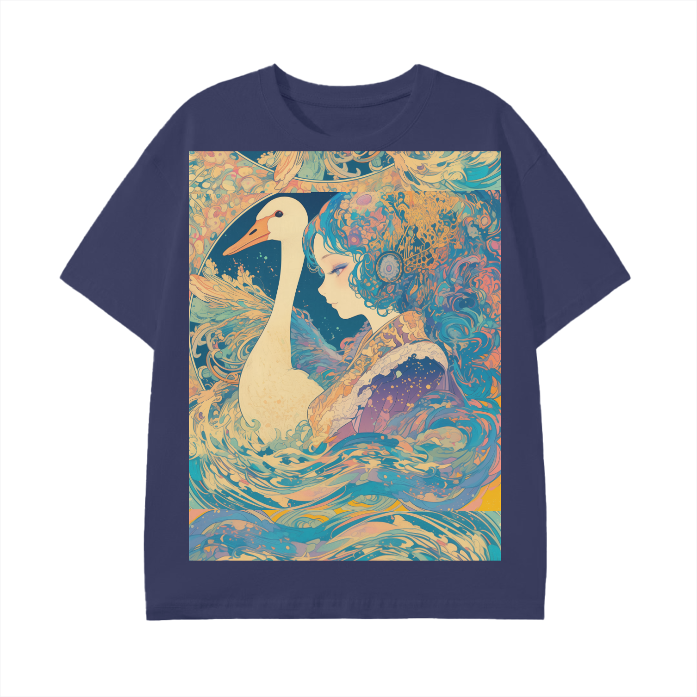 Goose Psychedelic Art Nouveau Moon Beach Wave Bordered Silhouette Anime Pagan Water Goddess Unisex Classic T-Shirt