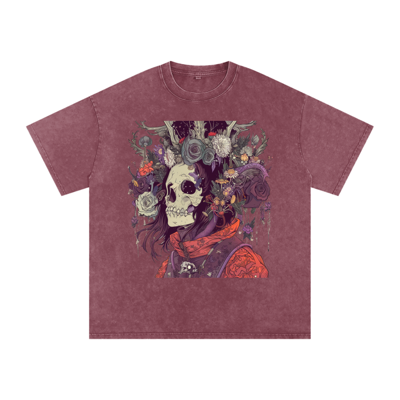 Skull Floral Sepia Warrior Tattoo Abstract Unisex graphic Tee Snow Washed Oversized Cotton T-Shirt