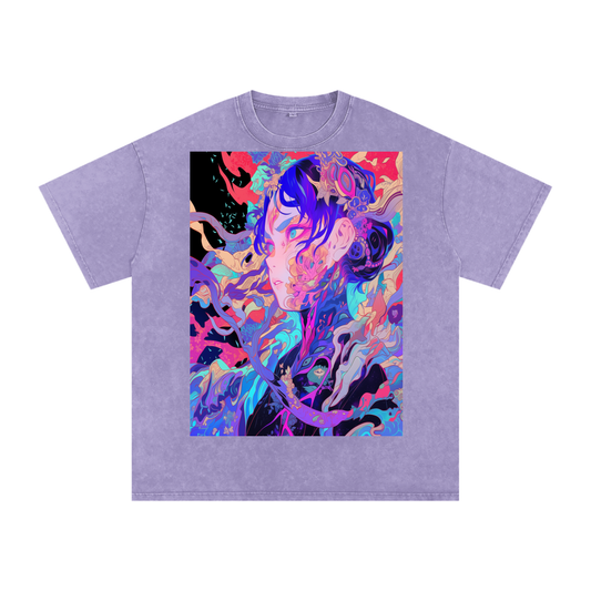 Fractal Kaleidescope Avant Anime lady Uv Neon Unisex Snow Washed Oversized Cotton T-Shirt