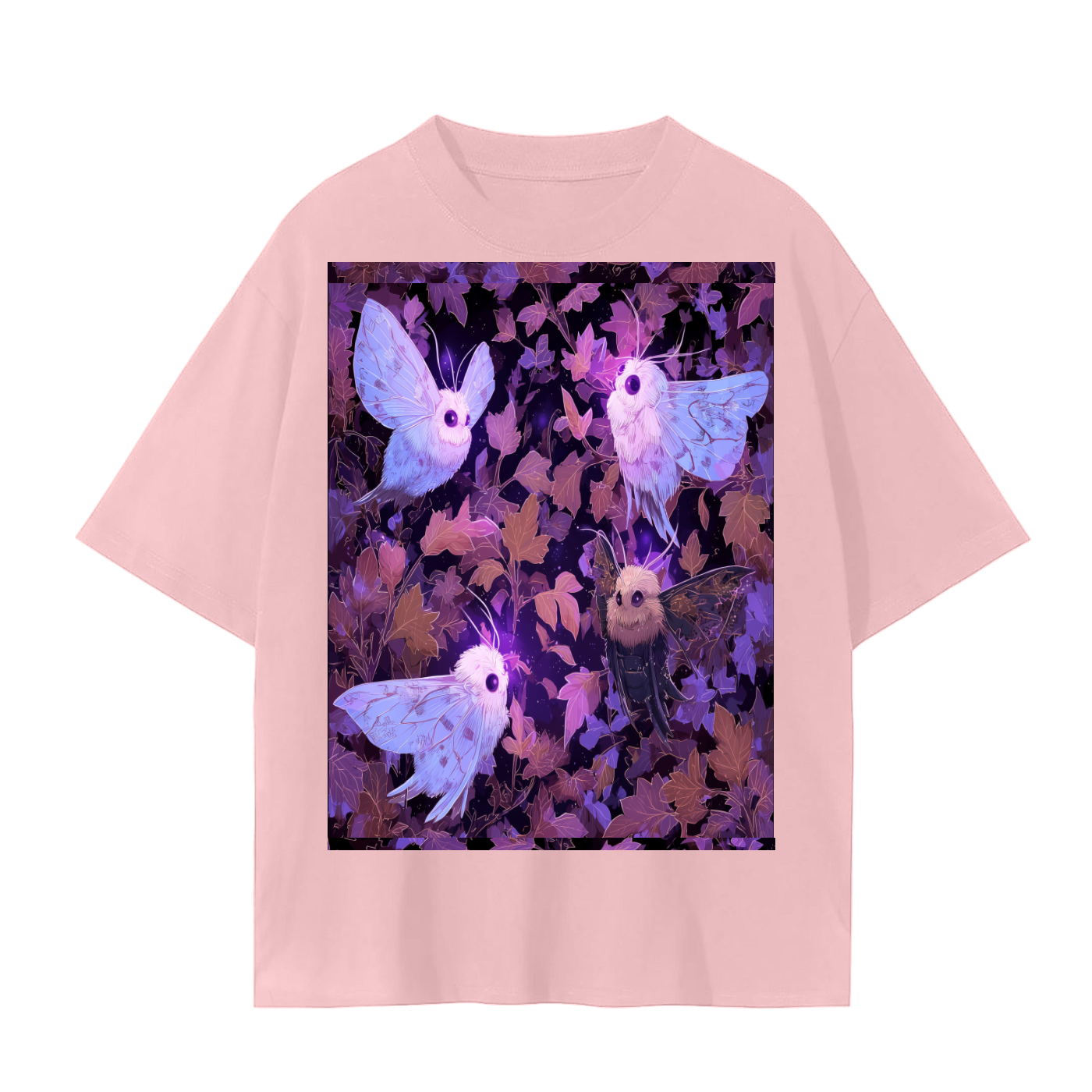 Fall White Fluffy Big Eye Moth Parade Moonlight Leaves Anime Night Unisex Seamless T-Shirt