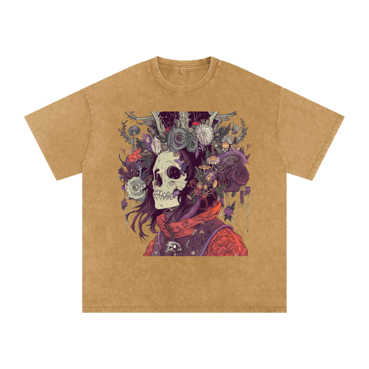 Skull Floral Sepia Warrior Tattoo Abstract Unisex graphic Tee Snow Washed Oversized Cotton T-Shirt