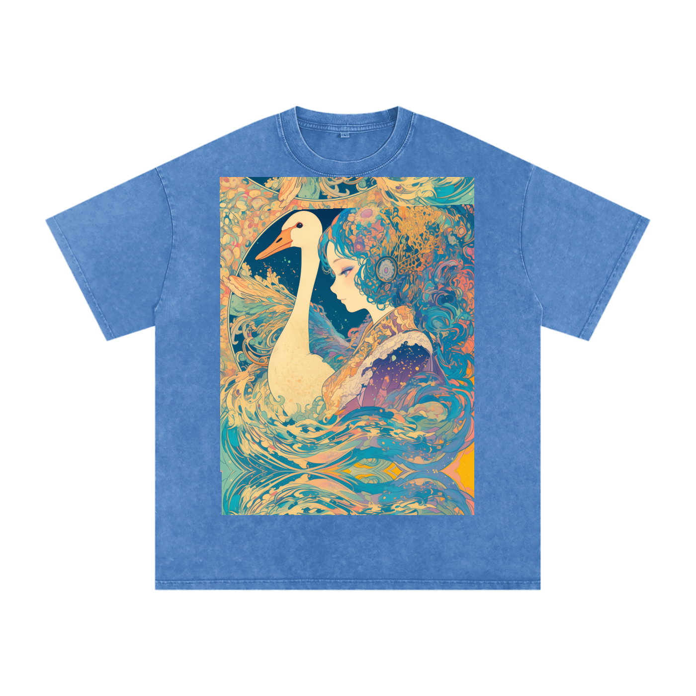 Goose Psychedelic Art Nouveau Moon Beach Wave Bordered Silhouette Anime Pagan Water Goddess Unisex T-Shirt--Snow Washed Oversized Cotton T-Shirt