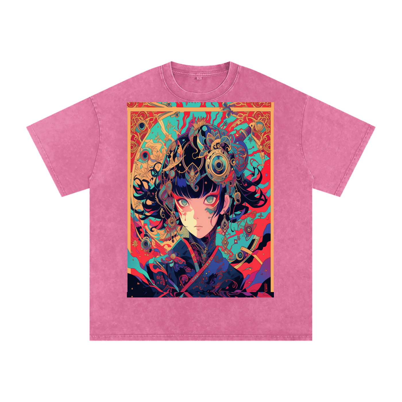 Red Fractal Kimono Anime Avant Lady hot colors Teal Moon Unisex Bordered fractal Tee| Bella Canvas Unisex Tee | Graphic Tee Print Snow Washed Oversized Cotton T-Shirt