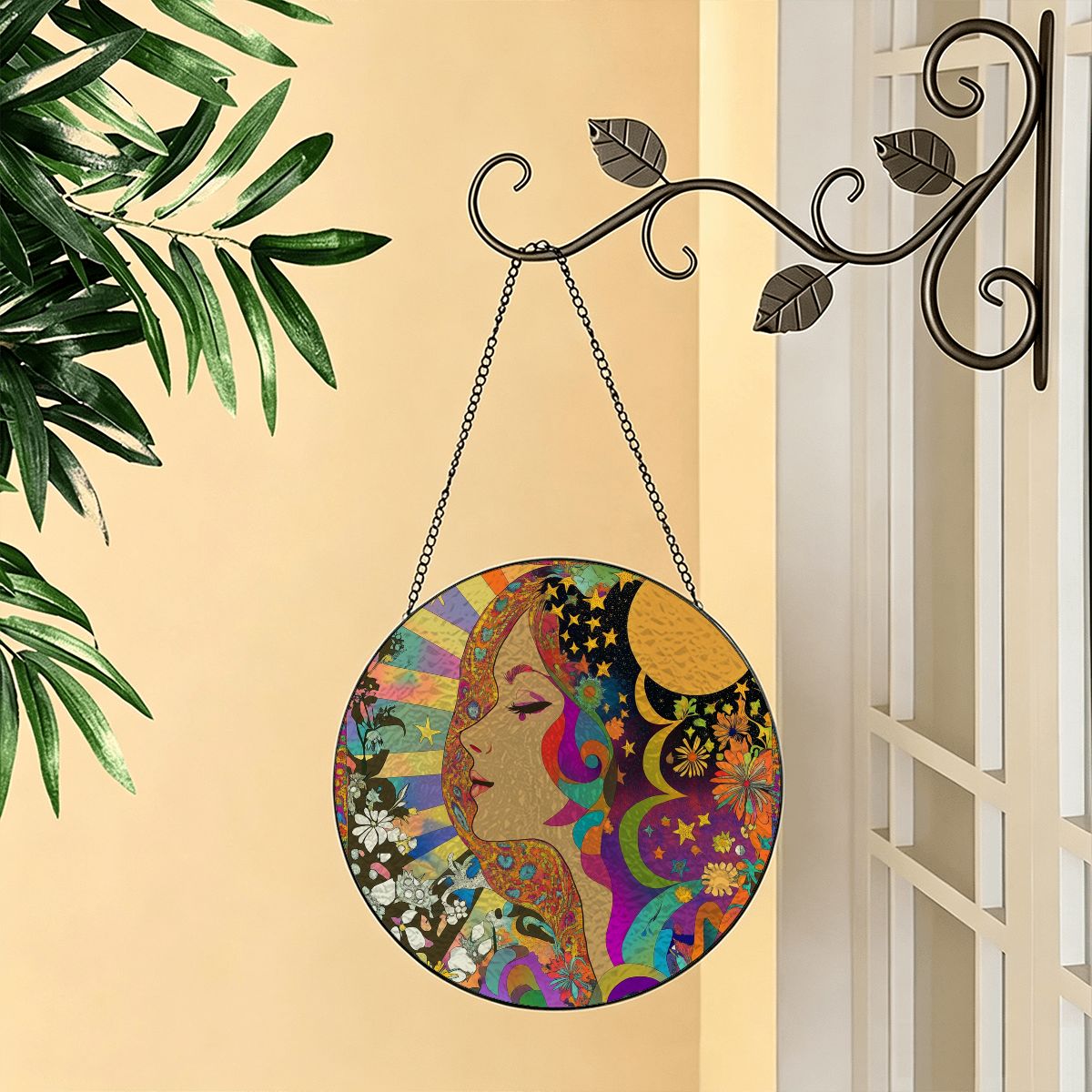 Stained Glass Suncatcher Art Neveau Psychedelic Celestial Sun Moon Beam Love Goddess Window Hanging