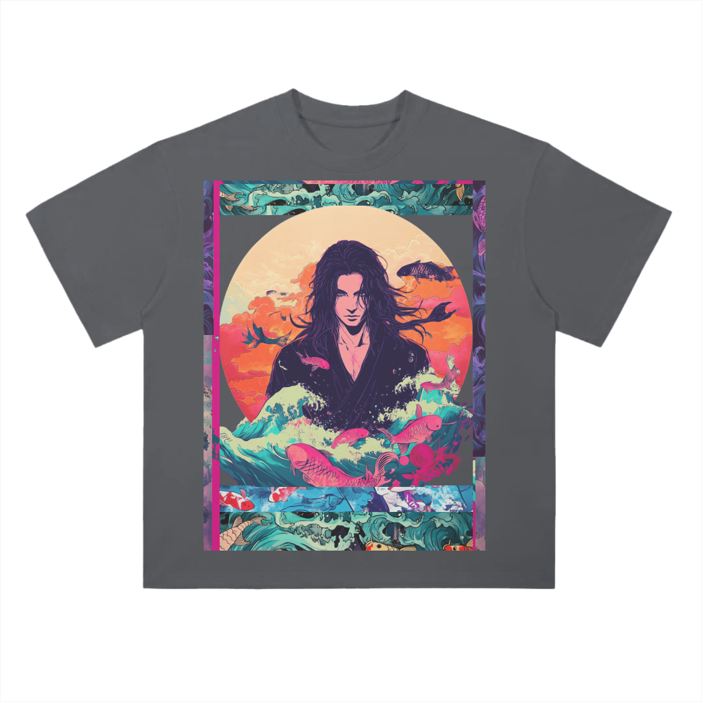 Retro Beach Koi Edo Shaman Kibuki Man Beach Wave Sun Melt Skyline Vision Graphic Drop Shoulder T-Shirt