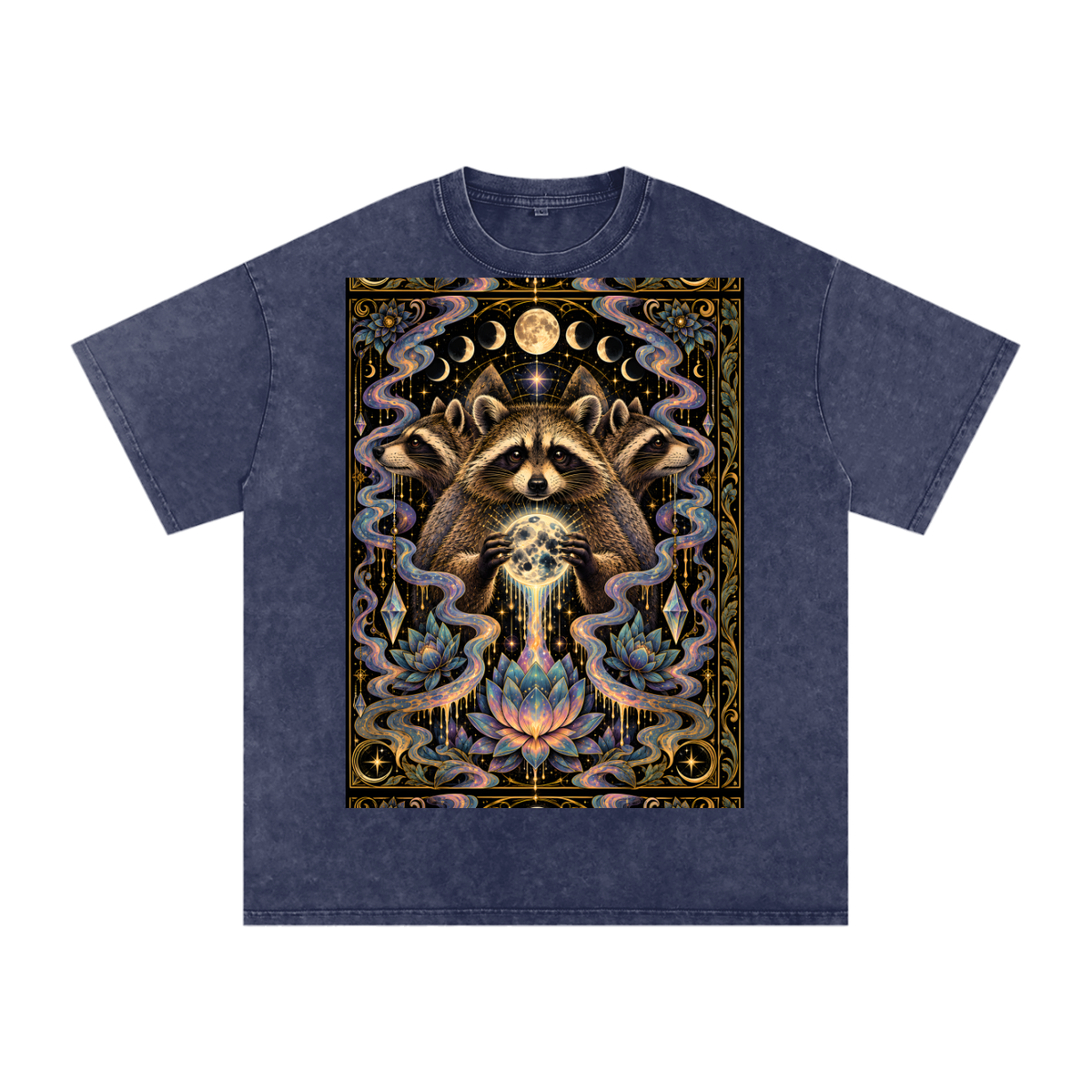 Raccoon Rorshach Moon Lotus Drip Snow Washed Oversized Cotton T-Shirt