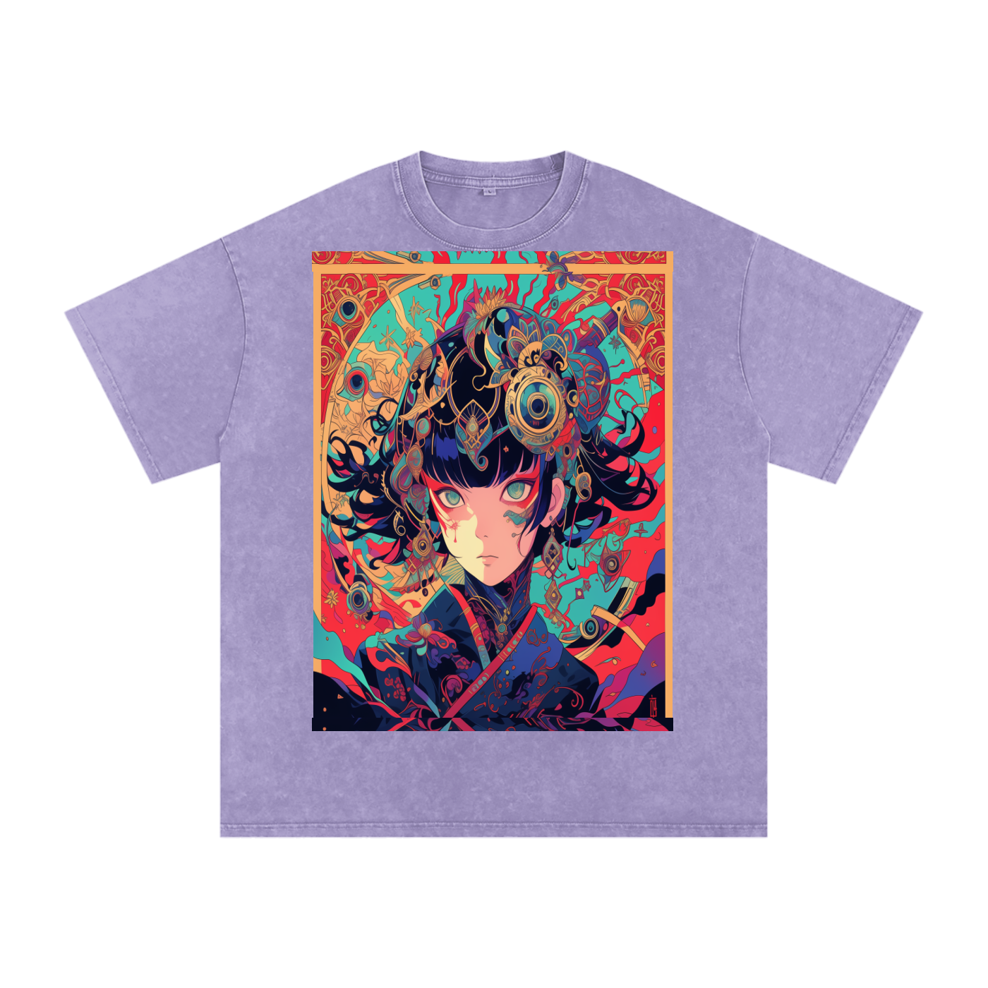 Red Fractal Kimono Anime Avant Lady hot colors Teal Moon Unisex Bordered fractal Tee| Bella Canvas Unisex Tee | Graphic Tee Print Snow Washed Oversized Cotton T-Shirt