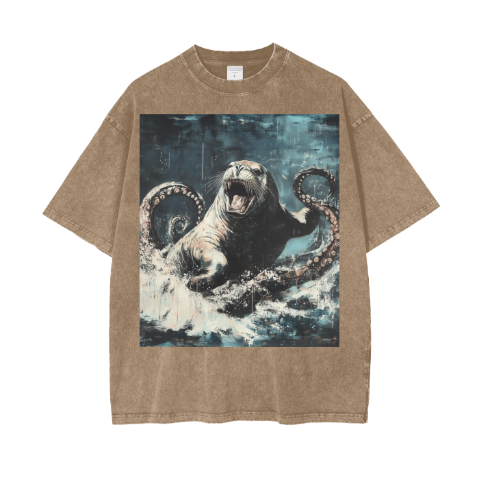 Rustic Kraken Vs Sea Lion Ocean Waves Acid Wash Oversize T-Shirt - 250 GSM