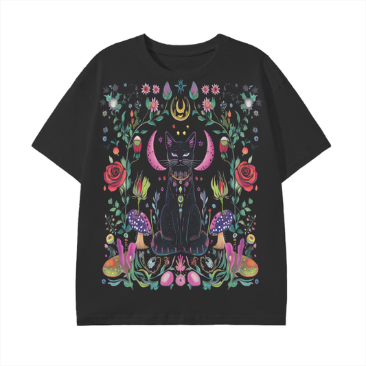 Black Cat Mexican Enchanted Cottagecore Floral Night Unisex Tee