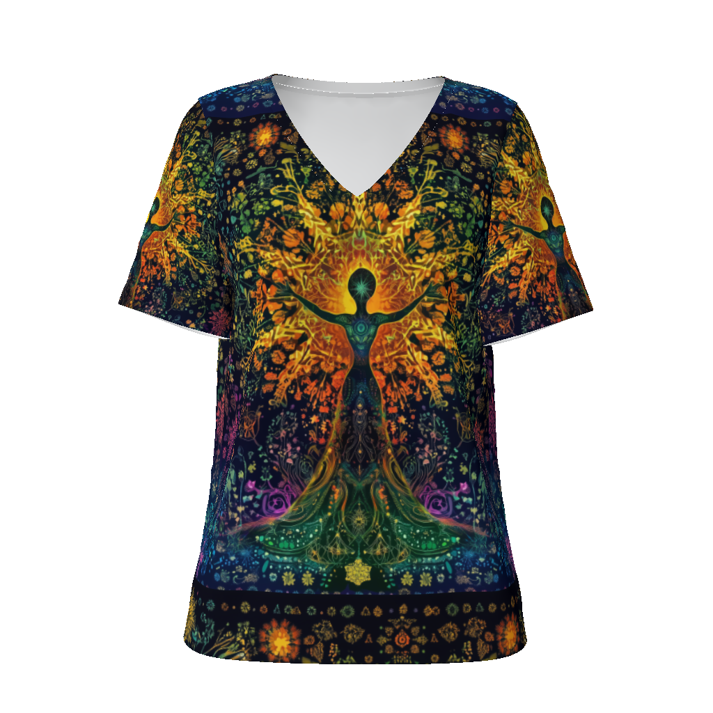 Pagan Goddess of Solar Woodland Harvest Winter Snowflake Psychedelic Colorful burst Festival Psy StreetwearAll-Over Print Women's V-Neck Tee