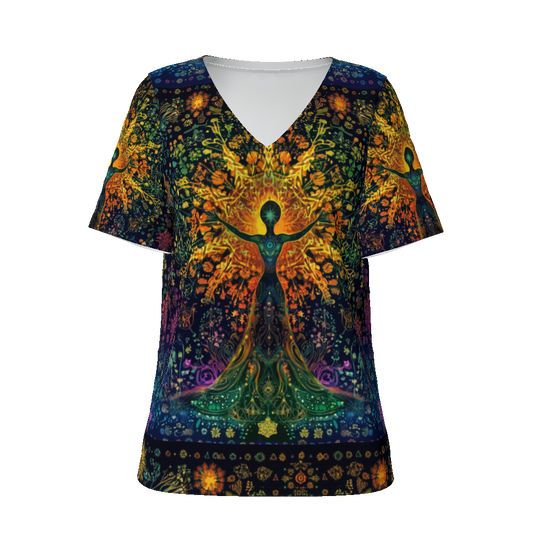 Pagan Goddess of Solar Woodland Harvest Winter Snowflake Psychedelic Colorful burst Festival Psy StreetwearAll-Over Print Women's V-Neck Tee