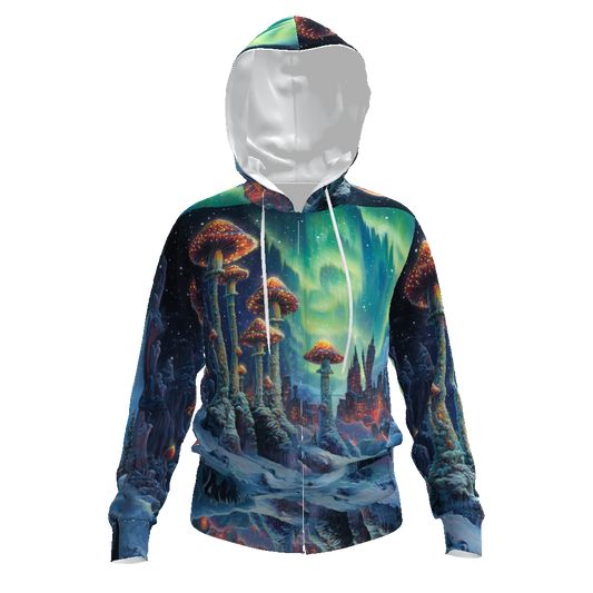 Lime Ice Aurora Borealis Psychedelic Future Mushroom City Skyline Festival All-Over Print Men's Zip Hoodie