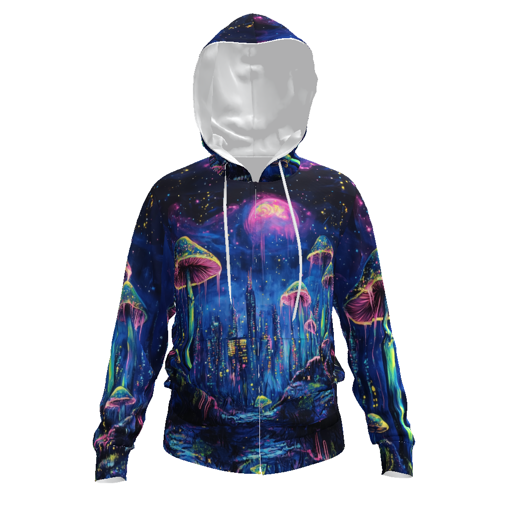 City Night Mushroom Tree Top City Village Space Escape Psychedelic Neon Psy All-Over Print Men's Zip Hoodie