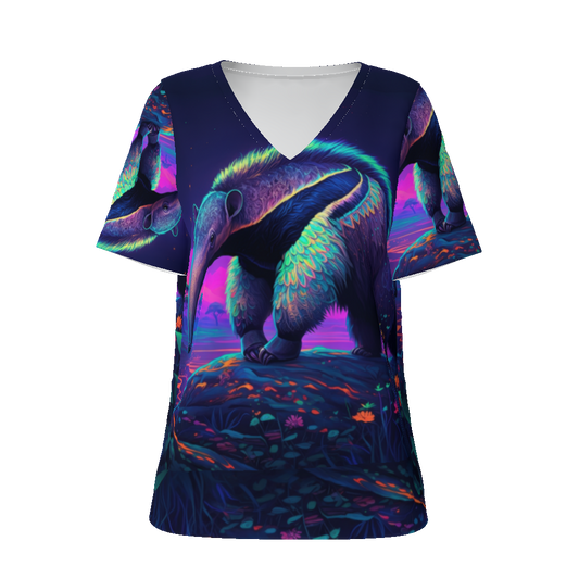 Anteater Space Moon Walk Psychedelic Festival V neck Neon All-Over Print Women's V-Neck Tee