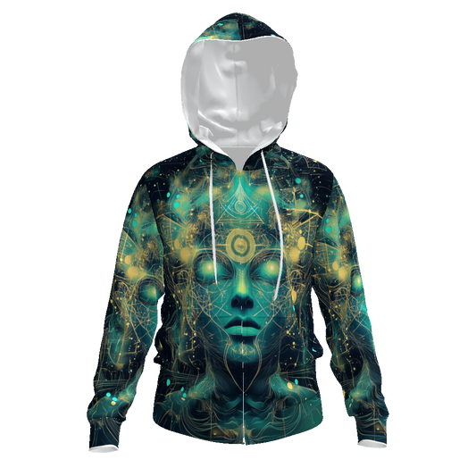 Atlantean Fractals Cosmic Geometry Teal Gold Psychedelic Festival PsyAll-Over Print Men's Zip Hoodie