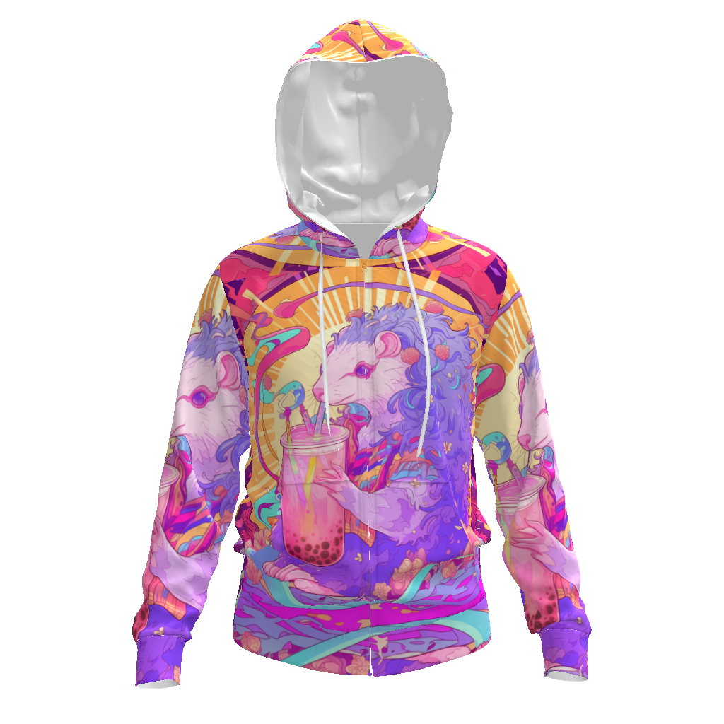 Avant Boba Tea Anime Psychedelic Pastel Neon Festival Sun Opossum All-Over Print Men's Zip Hoodie