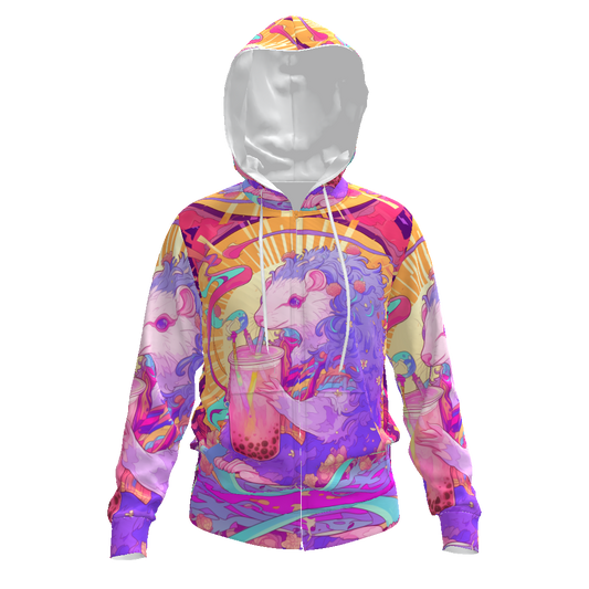 Avant Boba Tea Anime Psychedelic Pastel Neon Festival Sun Opossum All-Over Print Men's Zip Hoodie