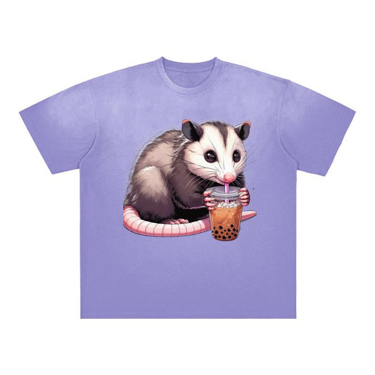 Lavender Purple Boba Tea Coiled Opossum Vintage Oversized Boyfriend Washed Shoulder & Body White Gradient on Aged Frayed T-Shirt -