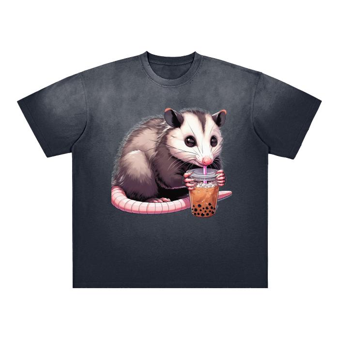 Lavender Purple Boba Tea Coiled Opossum Vintage Oversized Boyfriend Washed Shoulder & Body White Gradient on Aged Frayed T-Shirt -