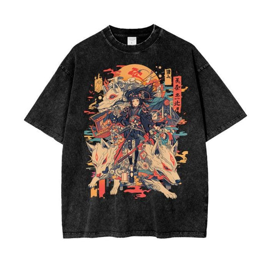 Fox Yokai Samurai Oversized T-Shirt | Acid Wash Grunge Streetwear Tee, Vintage Mineral Wash for Men & Women