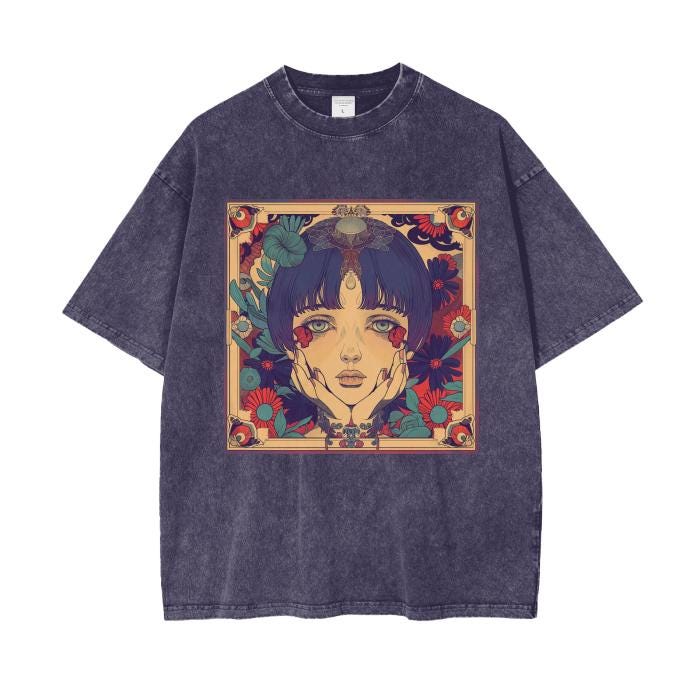 Enamored Rustic Avant Garde Anime Boho Floral Sepia Fall Garden Lady Acid Wash Grunge Oversize T-Shirt - 250 GSM