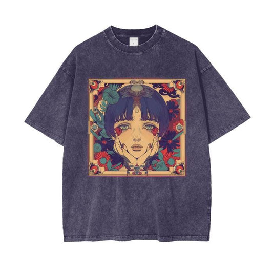 Enamored Rustic Avant Garde Anime Boho Floral Sepia Fall Garden Lady Acid Wash Grunge Oversize T-Shirt - 250 GSM