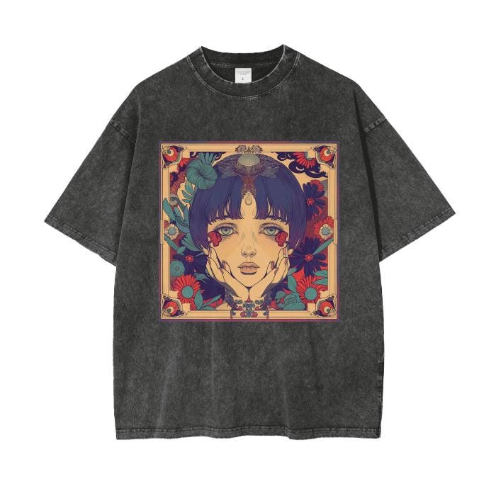 Enamored Rustic Avant Garde Anime Boho Floral Sepia Fall Garden Lady Acid Wash Grunge Oversize T-Shirt - 250 GSM