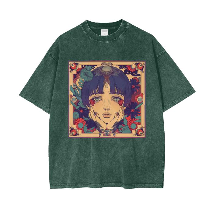 Enamored Rustic Avant Garde Anime Boho Floral Sepia Fall Garden Lady Acid Wash Grunge Oversize T-Shirt - 250 GSM