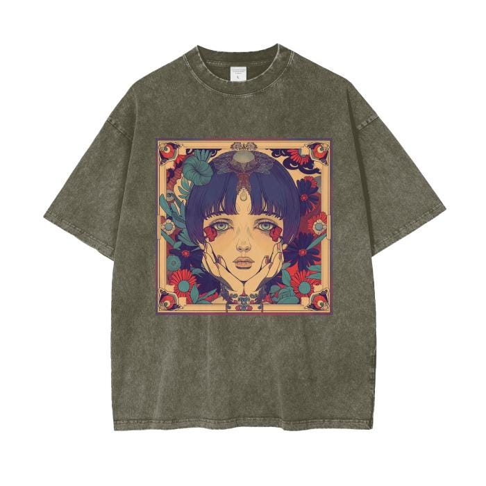 Enamored Rustic Avant Garde Anime Boho Floral Sepia Fall Garden Lady Acid Wash Grunge Oversize T-Shirt - 250 GSM