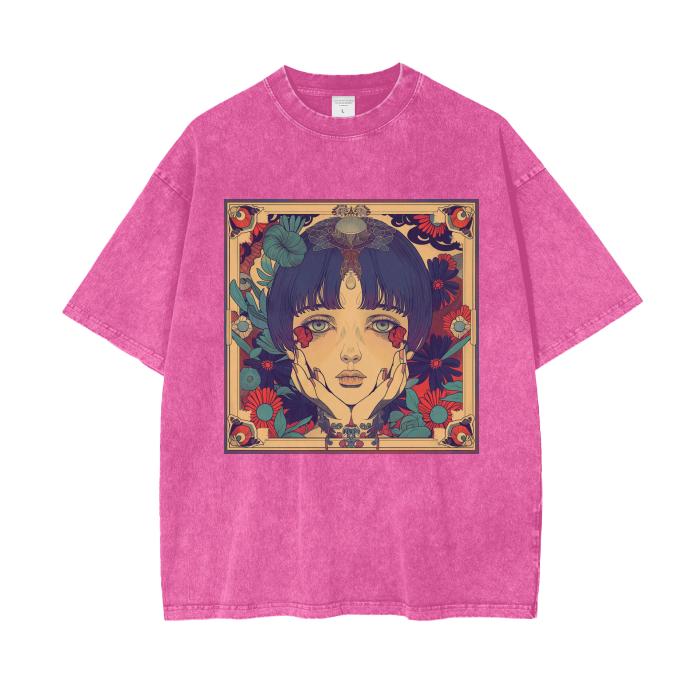 Enamored Rustic Avant Garde Anime Boho Floral Sepia Fall Garden Lady Acid Wash Grunge Oversize T-Shirt - 250 GSM