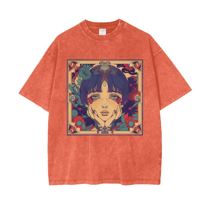 Enamored Rustic Avant Garde Anime Boho Floral Sepia Fall Garden Lady Acid Wash Grunge Oversize T-Shirt - 250 GSM