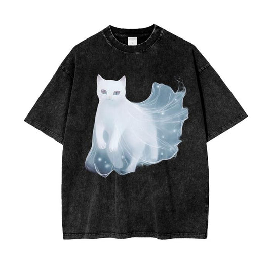 Floating Ghost Cat Paw Peppled Boyfriend Fit Grunge Witchycore Boho Cottagecore Acid Wash Gender Neutral Tee Shirt