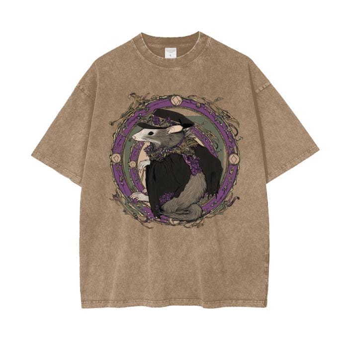 Opossum Orleans Art Nouveau Purple Floral Street Witch Docter Boyfriend Fit Acid Wash Oversize T-Shirt -