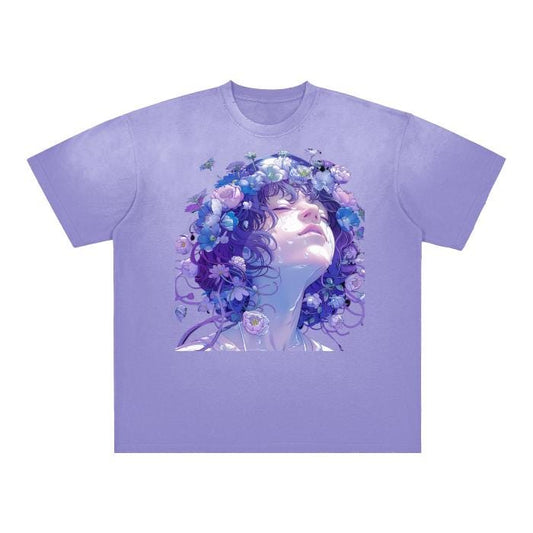 Vintage Blue Purple Pastel Floral fairy Water Drip Face Woman Goddess Lady Grunge Pastel Goth Core Boyfriend Fit Unisex Tee