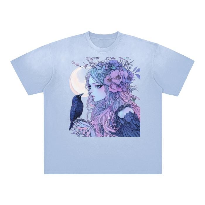 lilac Lavender Anime Floral Witch Crow Moon Harvest Witchy Goddess Boyfriend Fit Vintage Washed Shoulder & Body White Gradient on Aged Fraye