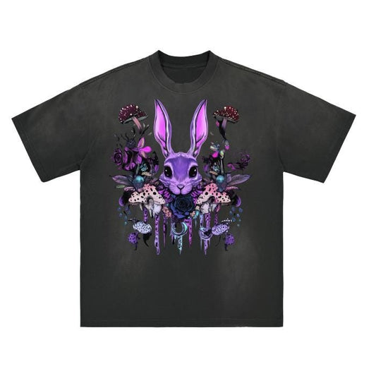 Purple Mushroom UV Bunny Rabbit Color Black Roses Drip Foggy Woodland View Cottagecore Witchycore Distressed Graphic Shirt