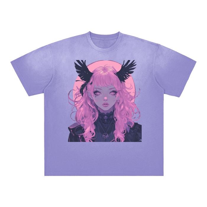 Anime Pastel Goth Bat Full Moon Light Witch Goddess Vintage Washed Boyfriend Fit Grunge Distressed Shoulder & Body White Gradient on Aged Fr
