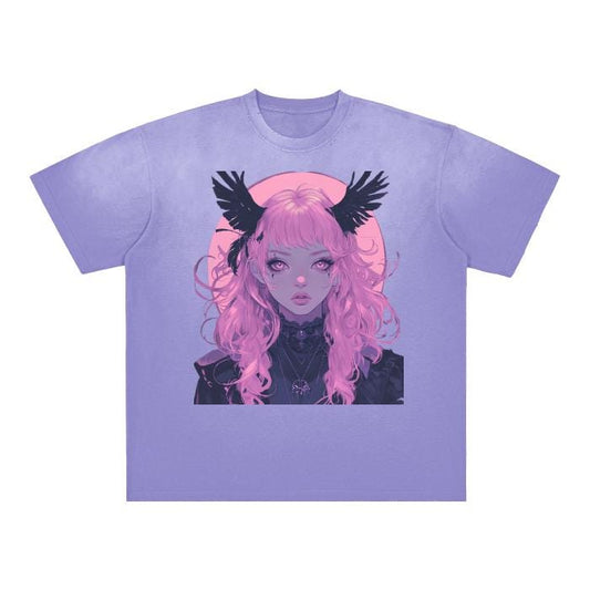 Anime Pastel Goth Bat Full Moon Light Witch Goddess Vintage Washed Boyfriend Fit Grunge Distressed Shoulder & Body White Gradient on Aged Fr