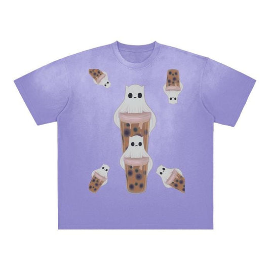Anime Chibi Ghost Boba Cat Capuchino Grunge Punk Pastel Goth Witchycore Cottagecore Boyfriend Fit Lavender Lilac Purple Black Vintage Washed