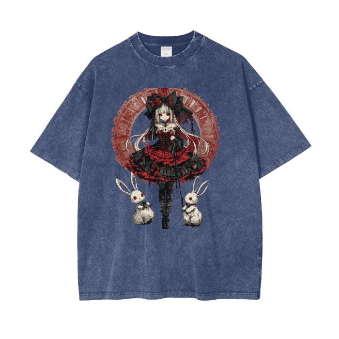 Gothic Red and Black Lace Bow White Long haired Anime Renassiance  Lady Long Eared Bunny Rabbit Grunge Acid Wash Oversize Tee Shirt