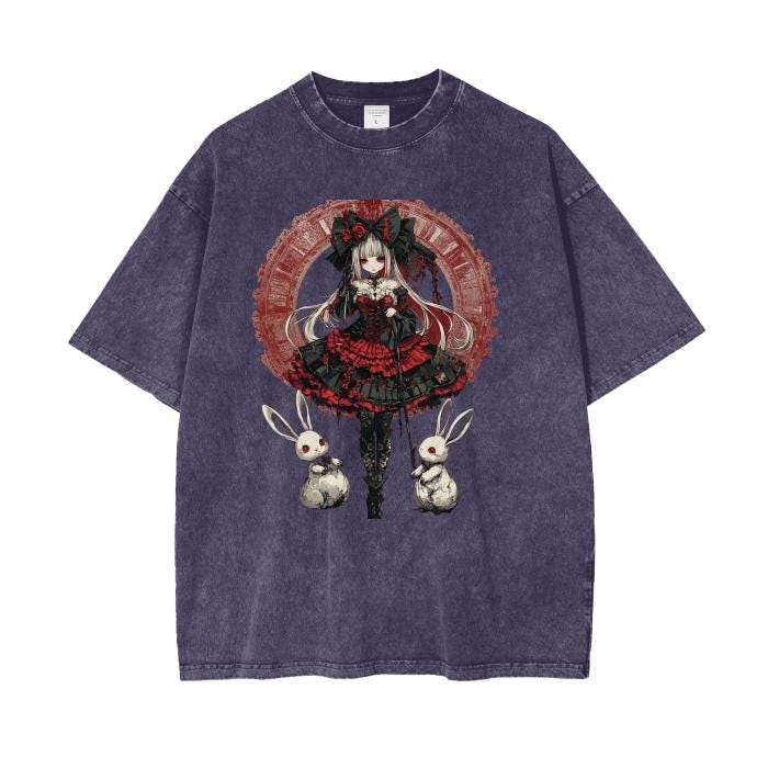 Gothic Red and Black Lace Bow White Long haired Anime Renassiance  Lady Long Eared Bunny Rabbit Grunge Acid Wash Oversize Tee Shirt