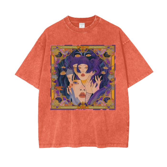 Gold Purple Anime Art Nouveau Hypnotic Kaleidescope Seers Psychedelia Mirage Window Border Oversize Grunge Punk Acid Wash Tee Shirt