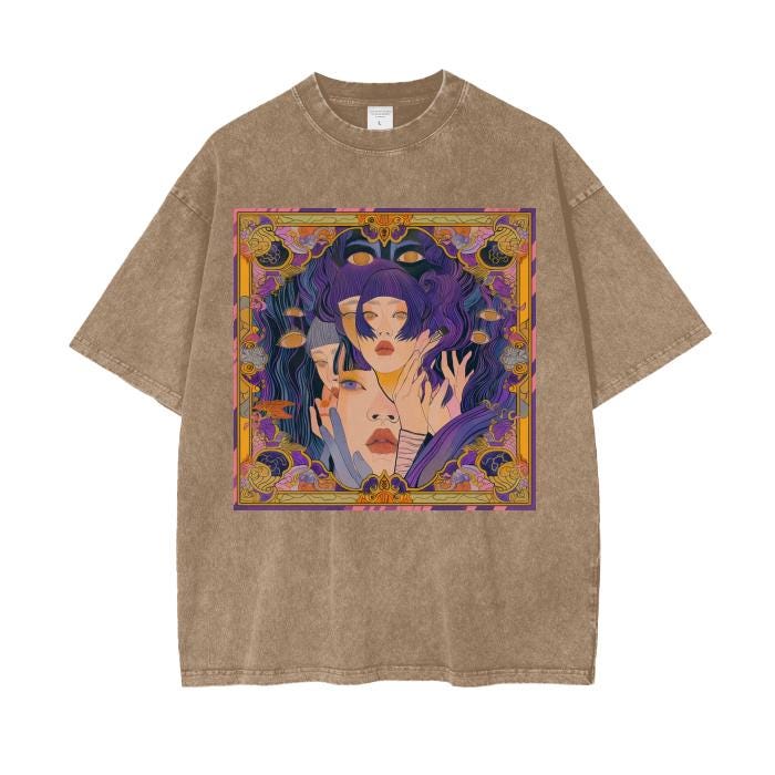 Gold Purple Anime Art Nouveau Hypnotic Kaleidescope Seers Psychedelia Mirage Window Border Oversize Grunge Punk Acid Wash Tee Shirt