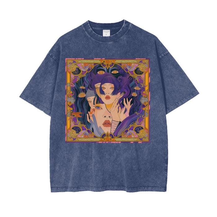 Gold Purple Anime Art Nouveau Hypnotic Kaleidescope Seers Psychedelia Mirage Window Border Oversize Grunge Punk Acid Wash Tee Shirt
