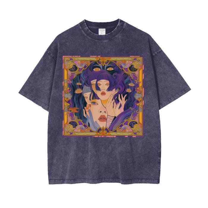 Gold Purple Anime Art Nouveau Hypnotic Kaleidescope Seers Psychedelia Mirage Window Border Oversize Grunge Punk Acid Wash Tee Shirt