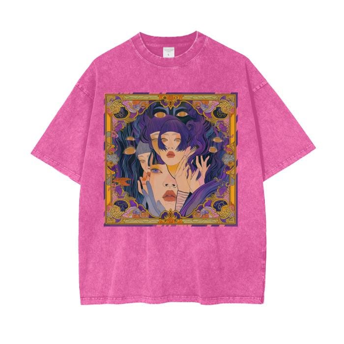 Gold Purple Anime Art Nouveau Hypnotic Kaleidescope Seers Psychedelia Mirage Window Border Oversize Grunge Punk Acid Wash Tee Shirt