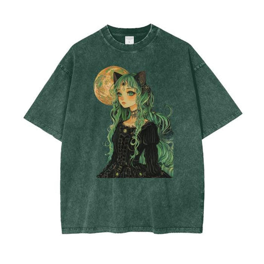 Emerald Mint Gothic Anime Cat Ear Yokai Witch Lady Full Moon Lit Night Boyfriend Fit Grunge Punk Y2K Pastel Goth Acid Wash Oversize T-Shirt