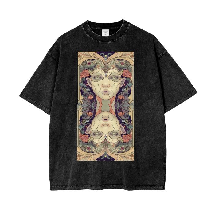 Anime Mirrored Renassiance Hypnotic Reflection Acid Wash Oversize T-Shirt - 250 GSM