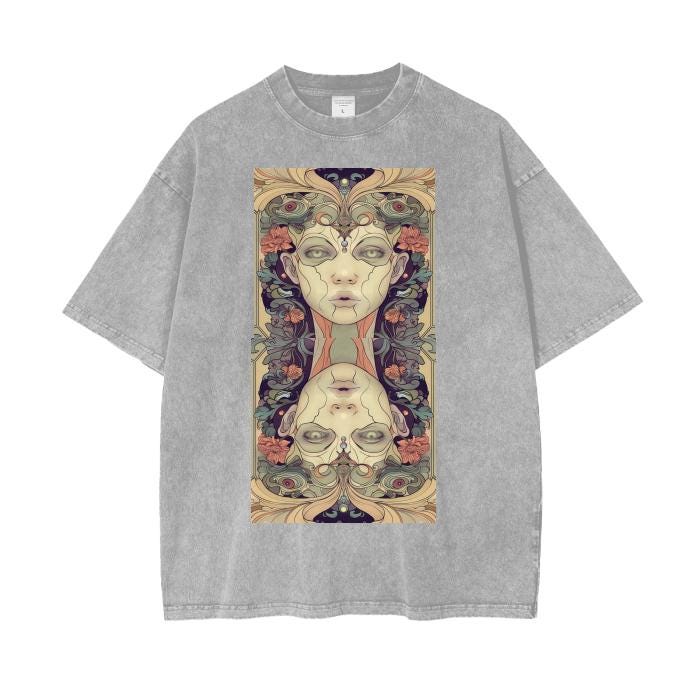 Anime Mirrored Renassiance Hypnotic Reflection Acid Wash Oversize T-Shirt - 250 GSM