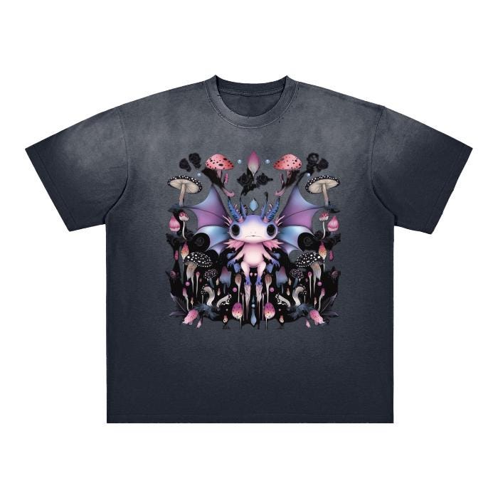 Vintage Axolotl Fly Symmetrical Woodland Wide Eye  Goth Punk Drip Vintage Grunge Distressed Boyfriend Fit Washed Shoulder & Body White Gradi